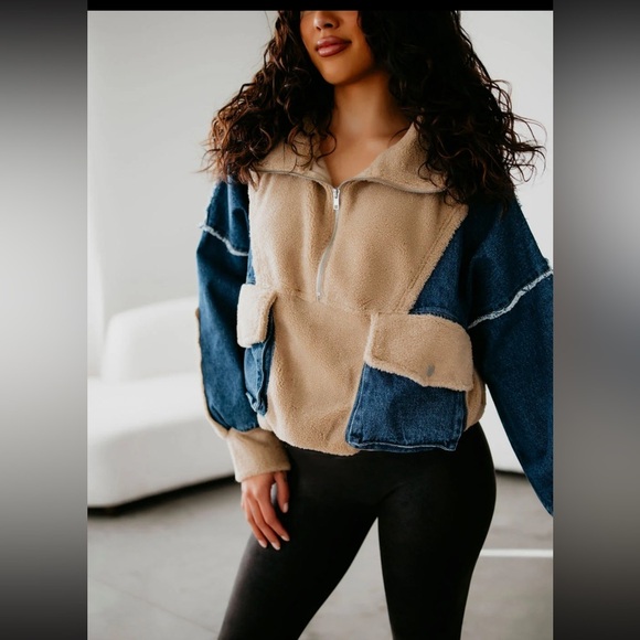 BiBi Half Zip Fleece Denim Pullover Size Large Latte Long Sleeve Pockets - Picture 1 of 14